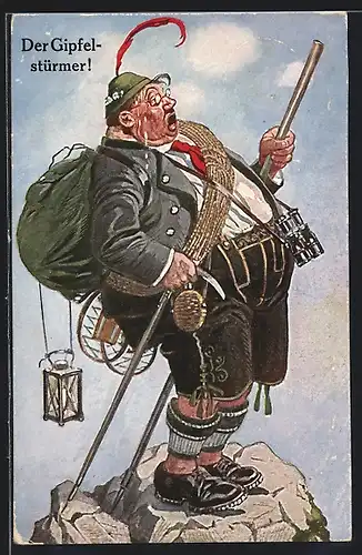 AK Dicker schwitzender Bergsteiger auf dem Gipfel