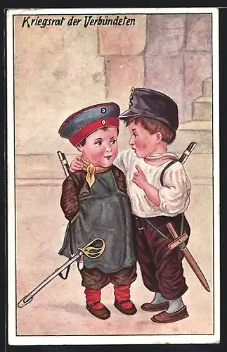 AK Zwei kleine Jungen als Soldaten, Kinder Kriegspropaganda