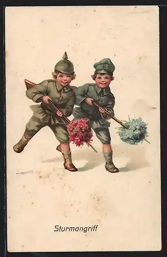 AK Zwei Jungen als Soldaten gratulieren zum Namenstage, Kinder Kriegspropaganda