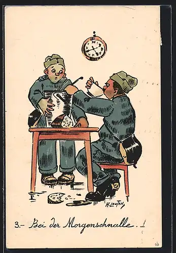 Künstler-AK Schweizer Soldaten in Uniform bei der Morgenschnalle