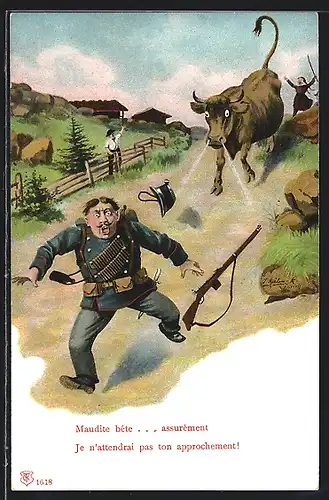 Lithographie Meinst du Cheib! - I blyb der stah?..., schweizer Soldatenhumor