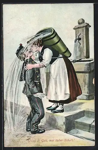 AK Schweizer Soldaten in Uniform bekommt einen kalten Guss von der Liebsten