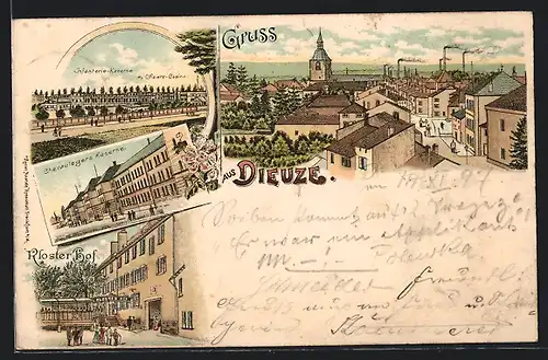Lithographie Dieuze, Chevauleger-Kaserne, Gasthaus Kloster-Hof, Infanterie-Kaserne