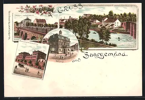Lithographie Saargemünd, Totalansicht, Rathaus, Neue Cavallerie-Kaserne