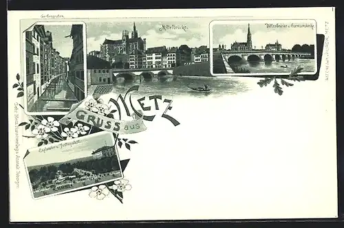 Lithographie Metz, Gerbergraben, Esplanade und Justizpalast, Mittelbrücke