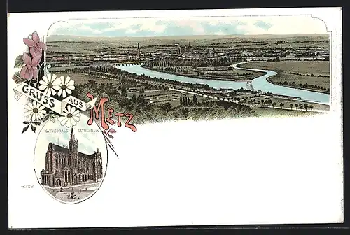 Lithographie Metz, Panoramablick auf die Stadt