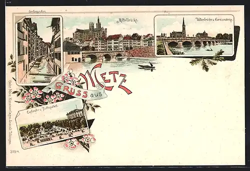 Lithographie Metz, Gerbergraben, Esplanade und Justizpalast, Mittelbrücke