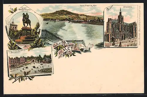 Lithographie Metz, Kaiser Wilhelm Denkmal, Prinz Friedrich Karl Kaserne m. Bahnhofstor