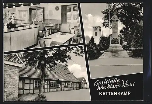 AK Kettenkamp-Bersenbrück, Gaststätte Ww. Maria Klaus mit Innenansicht, Krieger-Denkmal
