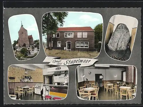 AK Stapelmoor, Restaurant Lindenhof Hinrichs mit Innenansicht, Friedhof und Kirche