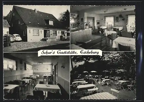 AK Escheburg, Schur`s Gaststätte, VW Käfer parkend daneben, Ansicht der Innenräume und der Terrasse, An der Bundesstr. 5