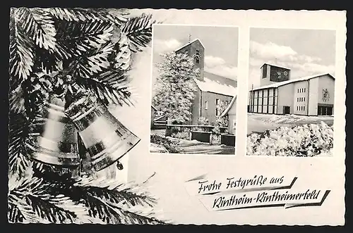 AK Rintheim-Rintheimerfeld, Zwei Kirchen im Winter, Weihnachtsschmuck