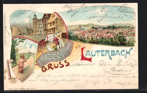 Lithographie Lauterbach / Hessen, Strassenansicht, weinendes Kind, Wappen