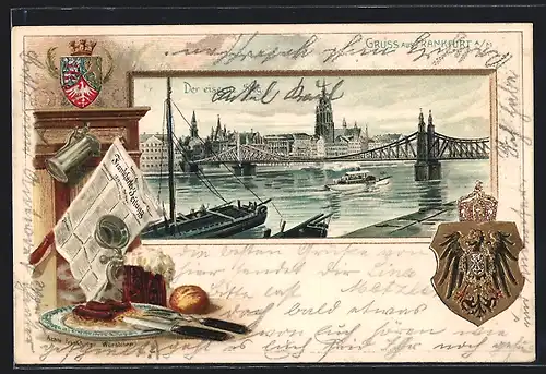 Passepartout-Lithographie Alt-Frankfurt, Der eiserne Steg mit Dampfer, Echtes Frankfurter Bier, Wappen