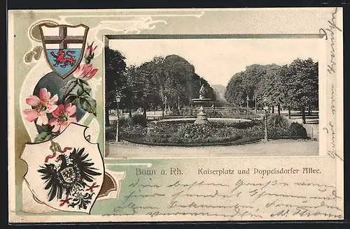 Passepartout-Lithographie Bonn a. Rh., Kaiserplatz und Poppelsdorfer Allee, Wappen