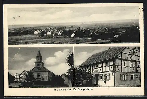 AK Asterode /Kr. Ziegenhain, Gasthaus Heinrich Simon, Kirche, Ortsansicht