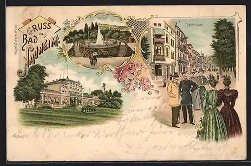 Lithographie Bad Nauheim, Parkstrasse, Sprudel, Kurhaus