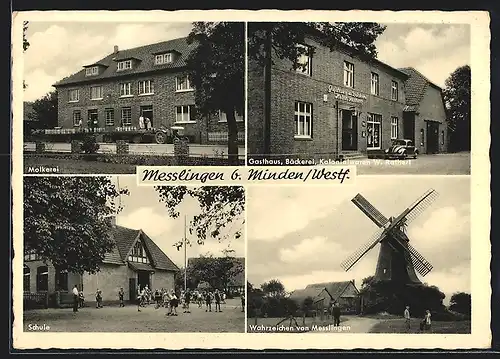 AK Messlingen b. Minden /Westf., Gasthaus, Bäckerei u. Kolonialwaren W. Rathert, VW Käfer, Windmühle, Molkerei