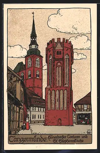 Steindruck-AK Tangermünde, Hünerdorfer Torturm mit St. Stephanskirche