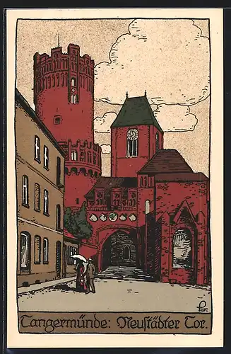 Steindruck-AK Tangermünde, Neustädter Tor mit Passanten