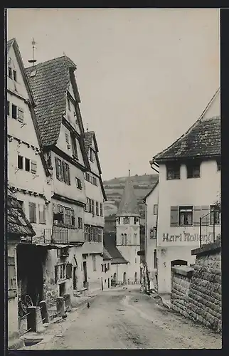 Foto-AK Wildberg / Schwarzwald, Geschäft v. Karl Roller, Strassenpartie mit Kirche