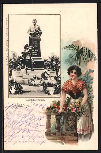 Passepartout-Lithographie Säkkingen, Scheffeldenkmal, Dame mit Blumen