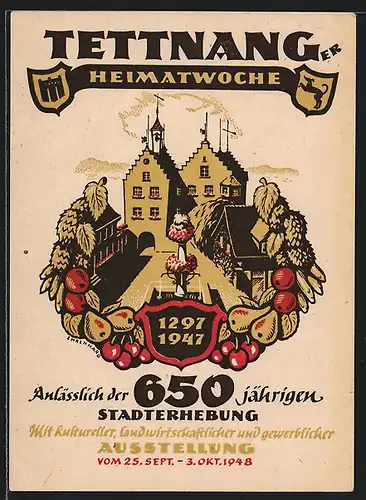 AK Tettnang, Heimatwoche, 650 jähriges Jubiläum, Austellung 1948, Partie in der Stadt