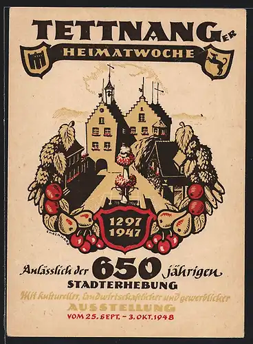 AK Tettnang, Heimatwoche, 650 jähriges Jubiläum, Austellung 1948, Partie in der Stadt