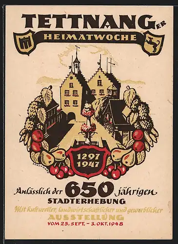 AK Tettnang, Heimatwoche, 650 jähriges Jubiläum, Austellung 1948, Partie in der Stadt