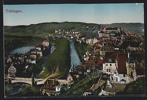 AK Tübingen, Teilansicht mit Brücke aus der Vogelschau