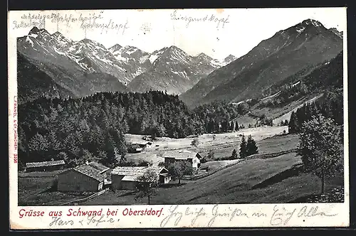 AK Schwand bei Oberstdorf, Ortsansicht mit Bergpanorama
