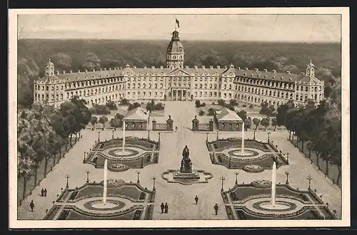 AK Karlsruhe i. B., Schloss mit Anlagen aus der Vogelschau