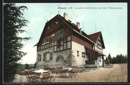 AK Plauen / Vogtland, Touristen-Vereinshaus auf dem Tenneraberg mit Terrasse