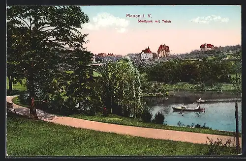 AK Plauen / Vogtland, Stadtpark mit Teich, Ruderboote auf dem Teich
