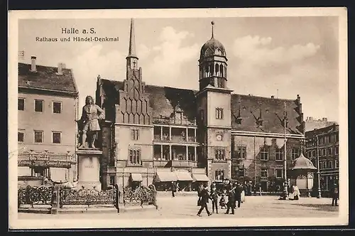 AK Halle a. S., Rathaus und Händel-Denkmal