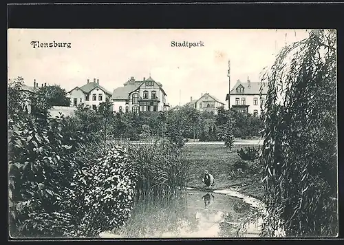 AK Flensburg, Stadtpark mit Teich