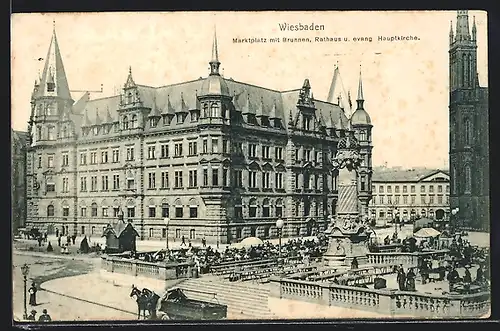 AK Wiesbaden, Marktplatz mit Brunnen, Rathaus und evang. Hauptkirche