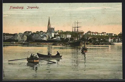 AK Flensburg, Jürgensby mit Booten und Blick auf die Stadt