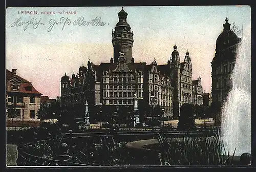 AK Leipzig, Neues Rathaus mit Brunnen