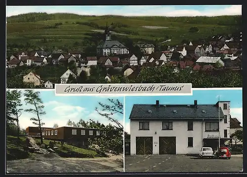 AK Grävenwiesbach /Taunus, Lebensmittel u. Feinkost Adolf Weil, Autos vor dem Rathaus, Ortsansicht