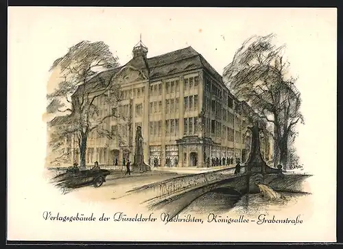 Künstler-AK Düsseldorf, Partie an der Königsallee-Grabenstrasse mit dem Verlagsgebäude