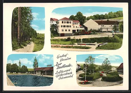 AK Güttersbach /Odenwald, Gasthof-Pension Zur Zentlinde, Grünanlage, Waldweg, Schwimmbad