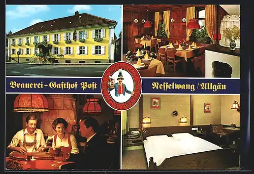 AK Nesselwang /Alllgäu, Brauerei-Gasthof Hotel Post mit Gästen im Innenraum