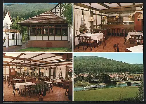 AK Oberweser-Gieselwerder, Café Scholle mit uriger Innenansicht, Flusspanorama mit Brücke