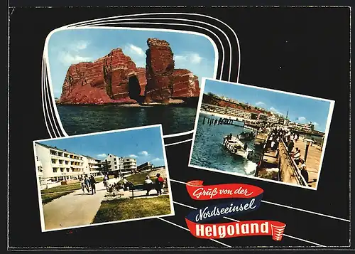 AK Helgoland, Nordspitze mit Langer Anna, belebte Szene am Pier, Strandpromenade