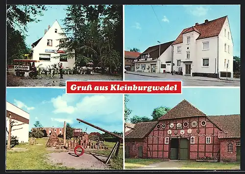 AK Kleinburgwedel, Gasthof Heidehütte mit Pferdekutsche, Spielplatz mit Reifenschaukel