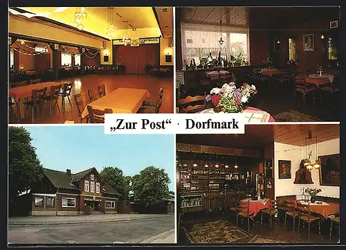 AK Dorfmark /Lüneburger Heide, Gasthof Zur Post mit Ansicht des Festsaals, des Speiseraums und der Bar