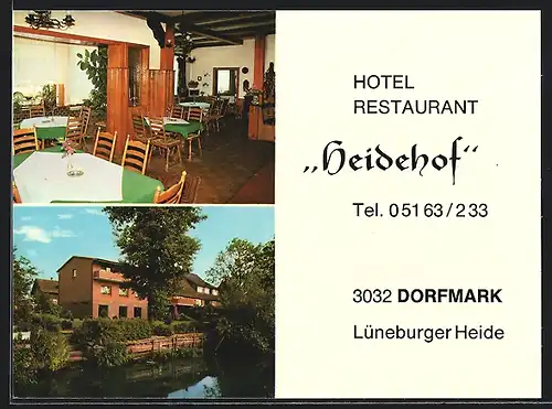 AK Dorfmark /Lüneburger Heide, Hotel-Restaurant Heidehof, Aussenansicht am Fluss, Speiseraum