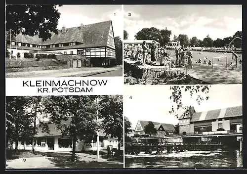 AK Kleinmachnow /Kr. Potsdam, Terrassenrestaurant, Freibad Kiebitzberge, Betriebsberufsschule für Wasserbau