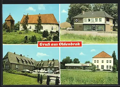 AK Oldenbrok, Blick nach der Kirche, Bank, Gemischtwaren Wessels